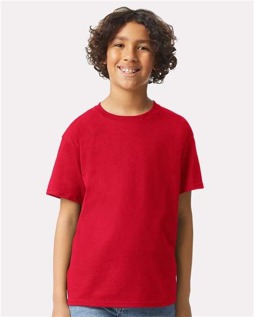 Red - Gildan Youth Ultra Cotton® T-Shirt with Custom Printing Gildan Youth Ultra Cotton® T-Shirt in Red, front view on model