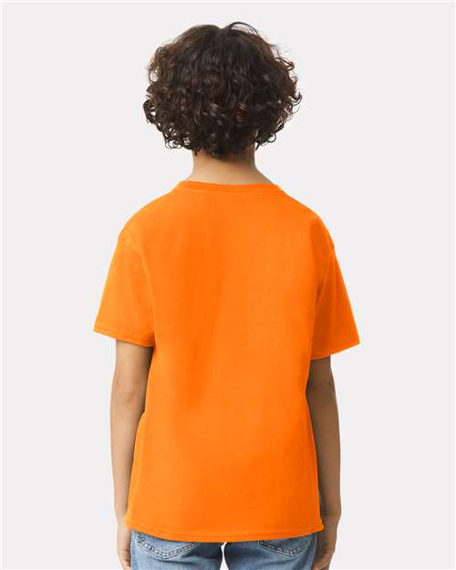 Safety Orange - Gildan Youth Ultra Cotton® T-Shirt with Custom Printing Gildan Youth Ultra Cotton® T-Shirt in Safety Orange, back view on model