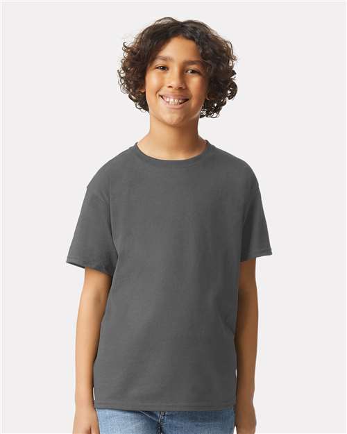 Charcoal - Gildan Youth Ultra Cotton® T-Shirt with Custom Printing Gildan Youth Ultra Cotton® T-Shirt in Charcoal, front view on model