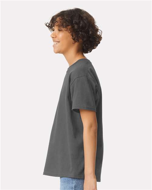 Charcoal - Gildan Youth Ultra Cotton® T-Shirt with Custom Printing Gildan Youth Ultra Cotton® T-Shirt in Charcoal, side view on model