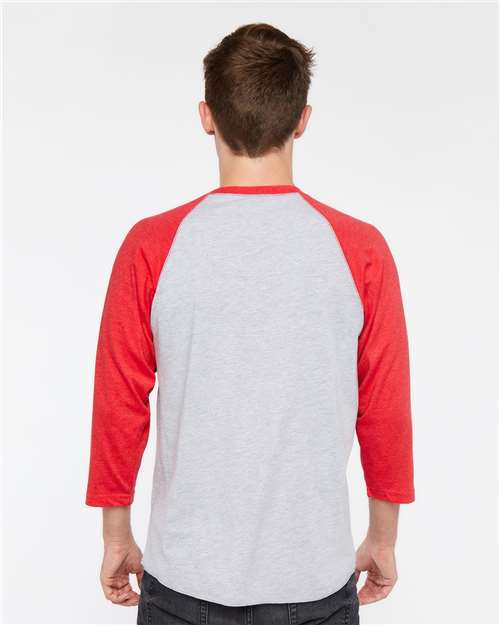 Vintage Heather/ Vintage Red - LAT 6930 Baseball Three-Quarter Sleeve Tee with Your Logo LAT Unisex Baseball Fine Jersey Three-Quarter Sleeve Tee in Vintage Heather/Vintage Red, back view on model