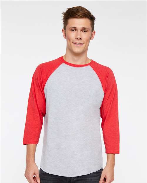 Vintage Heather/ Vintage Red - LAT 6930 Baseball Three-Quarter Sleeve Tee with Your Logo LAT Unisex Baseball Fine Jersey Three-Quarter Sleeve Tee in Vintage Heather/Vintage Red, front view on model