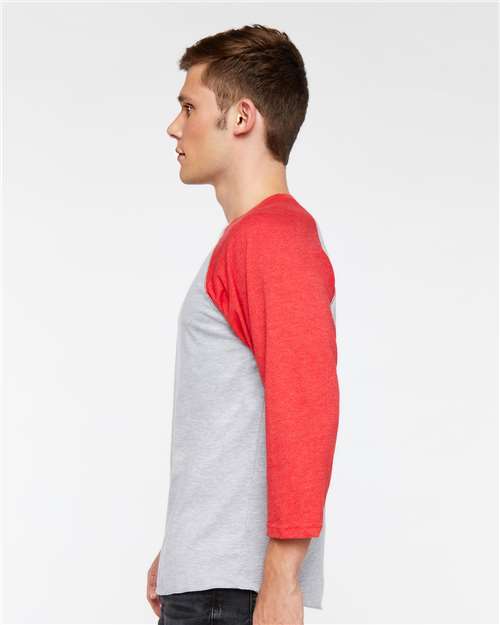 Vintage Heather/ Vintage Red - LAT 6930 Baseball Three-Quarter Sleeve Tee with Your Logo LAT Unisex Baseball Fine Jersey Three-Quarter Sleeve Tee in Vintage Heather/Vintage Red, side view on model