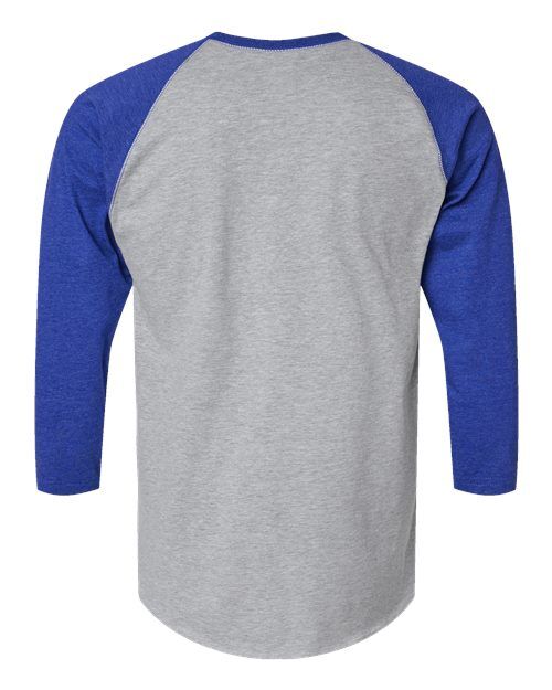 Vintage Heather/ Vintage Royal - LAT 6930 Baseball Three-Quarter Sleeve Tee with Your Logo LAT Unisex Baseball Fine Jersey Three-Quarter Sleeve Tee in Vintage Heather/Vintage Royal, back view