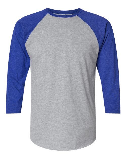 Vintage Heather/ Vintage Royal - Unisex Baseball Fine Jersey Three-Quarter Sleeve Tee LAT Unisex Baseball Fine Jersey Three-Quarter Sleeve Tee in Vintage Heather/Vintage Royal, front view