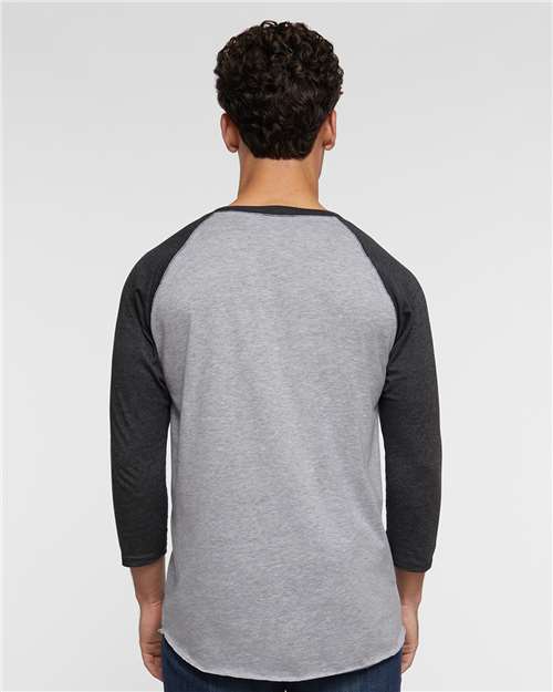 Vintage Heather/ Vintage Smoke - LAT 6930 Baseball Three-Quarter Sleeve Tee with Your Logo LAT Unisex Baseball Fine Jersey Three-Quarter Sleeve Tee in Vintage Heather/Vintage Smoke, back view on model