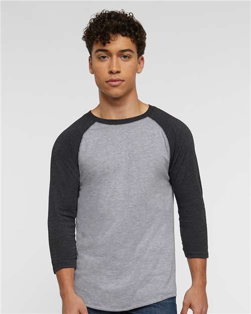 Vintage Heather/ Vintage Smoke - LAT 6930 Baseball Three-Quarter Sleeve Tee with Your Logo LAT Unisex Baseball Fine Jersey Three-Quarter Sleeve Tee in Vintage Heather/Vintage Smoke, front view on model