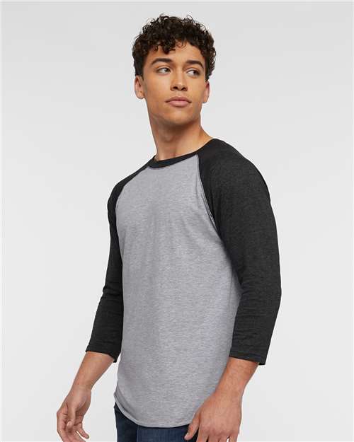 Vintage Heather/ Vintage Smoke - LAT 6930 Baseball Three-Quarter Sleeve Tee with Your Logo LAT Unisex Baseball Fine Jersey Three-Quarter Sleeve Tee in Vintage Heather/Vintage Smoke, side view on model