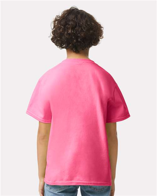 Safety Pink - Gildan Youth Ultra Cotton® T-Shirt with Custom Printing Gildan Youth Ultra Cotton® T-Shirt in Safety Pink, back view on model