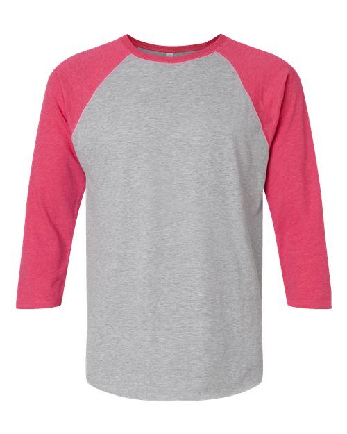 Vintage Heather/ Vintage Hot Pink - Unisex Baseball Fine Jersey Three-Quarter Sleeve Tee LAT Unisex Baseball Fine Jersey Three-Quarter Sleeve Tee in Vintage Heather/Vintage Hot Pink, front view