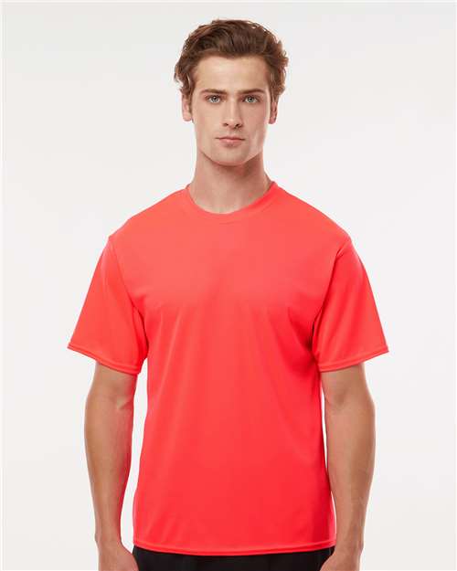 Hot Coral - C2 Sport 5100 Performance Tee with Custom Team Printing C2 Sport Performance Tee in Hot Coral, front view on model