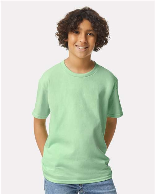 Mint Green - Gildan Youth Ultra Cotton® T-Shirt with Custom Printing Gildan Youth Ultra Cotton® T-Shirt in Mint Green, front view on model