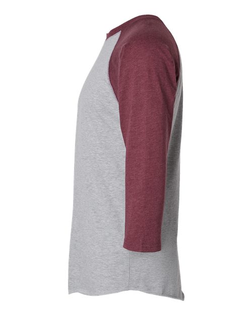 Vintage Heather/ Vintage Burgundy - LAT 6930 Baseball Three-Quarter Sleeve Tee with Your Logo LAT Unisex Baseball Fine Jersey Three-Quarter Sleeve Tee in Vintage Heather/Vintage Burgundy, side view