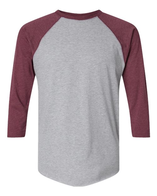 Vintage Heather/ Vintage Burgundy - Unisex Baseball Fine Jersey Three-Quarter Sleeve Tee LAT Unisex Baseball Fine Jersey Three-Quarter Sleeve Tee in Vintage Heather/Vintage Burgundy, front view