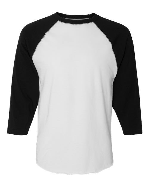 White Solid/ Black - Unisex Baseball Fine Jersey Three-Quarter Sleeve Tee LAT Unisex Baseball Fine Jersey Three-Quarter Sleeve Tee in White Solid/Black, front view