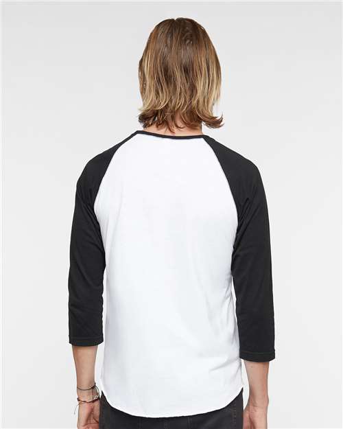 White Solid/ Black - LAT 6930 Baseball Three-Quarter Sleeve Tee with Your Logo LAT Unisex Baseball Fine Jersey Three-Quarter Sleeve Tee in White Solid/Black, back view on model