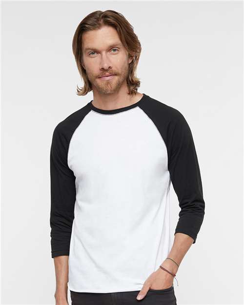 White Solid/ Black - LAT 6930 Baseball Three-Quarter Sleeve Tee with Your Logo LAT Unisex Baseball Fine Jersey Three-Quarter Sleeve Tee in White Solid/Black, front view on model