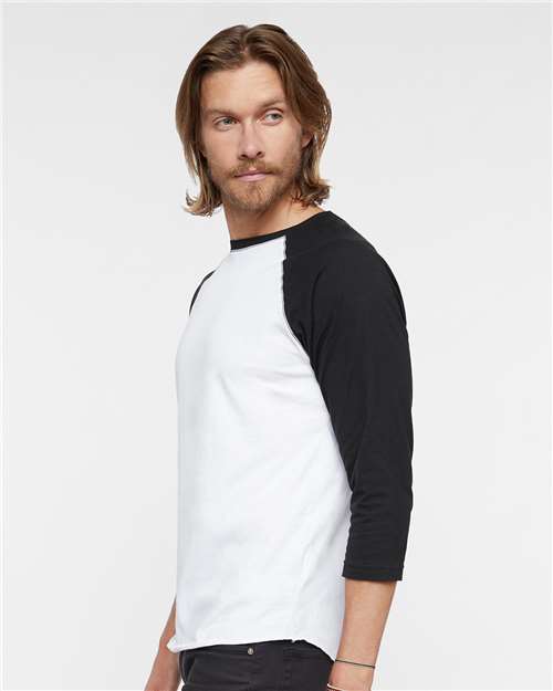 White Solid/ Black - LAT 6930 Baseball Three-Quarter Sleeve Tee with Your Logo LAT Unisex Baseball Fine Jersey Three-Quarter Sleeve Tee in White Solid/Black, side view on model