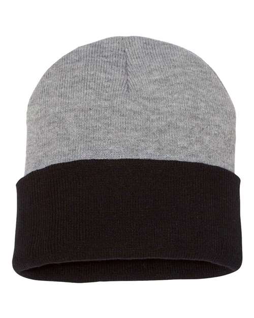 Heather/ Black - Sportsman 12" Color Blocked Cuffed Beanie with Company Logo Sportsman 12″ Color Blocked Cuffed Beanie in Heather/Black, back view