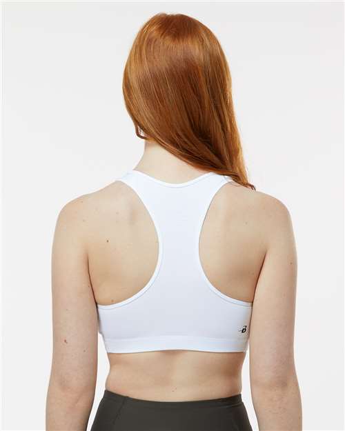 White - Badger Women's B-Sport Bra Top for Custom Team Programs Badger Women's B-Sport Bra Top in White, back view on model