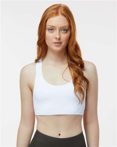 White - Badger Women's B-Sport Bra Top for Custom Team Programs Badger Women's B-Sport Bra Top in White, front view on model