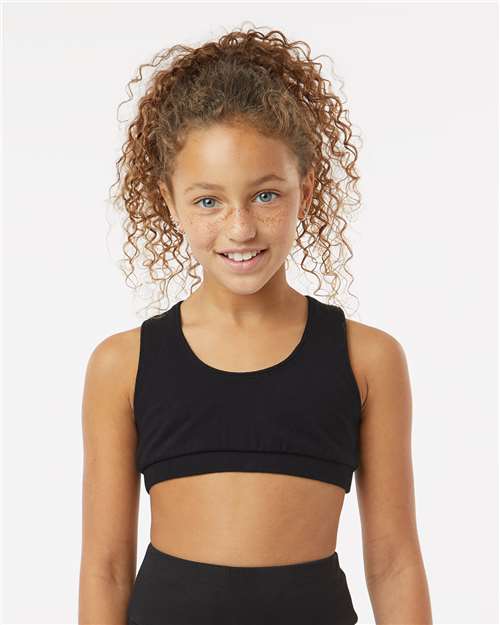 Black - Boxercraft Girls Sports Bra with Custom Logo Print Boxercraft Girls Sports Bra in Black, front view on model