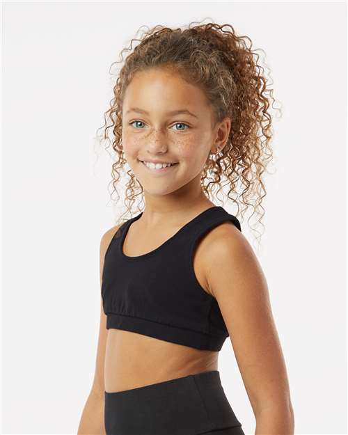 Black - Boxercraft Girls Sports Bra with Custom Logo Print Boxercraft Girls Sports Bra in Black, side view on model