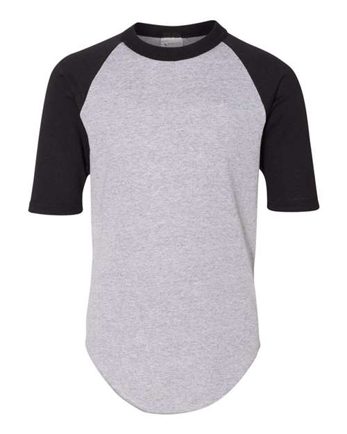 Athletic Heather/ Black - Youth Three-Quarter Sleeve Baseball Jersey Augusta Sportswear Youth Three-Quarter Sleeve Baseball Jersey in Athletic Heather/Black, front view