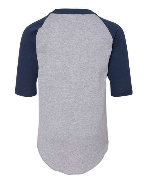 Athletic Heather/ Navy - Augusta Sportswear Youth Baseball Jersey with Custom Logo Augusta Sportswear Youth Three-Quarter Sleeve Baseball Jersey in Athletic Heather/Navy, back view