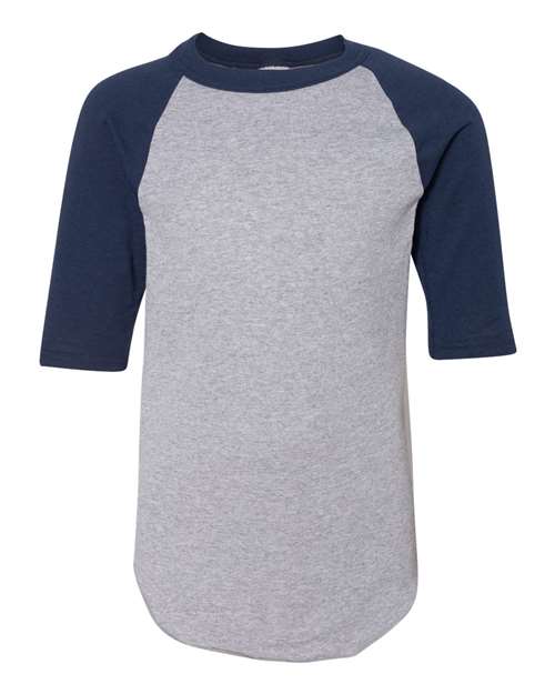 Athletic Heather/ Navy - Youth Three-Quarter Sleeve Baseball Jersey Augusta Sportswear Youth Three-Quarter Sleeve Baseball Jersey in Athletic Heather/Navy, front view