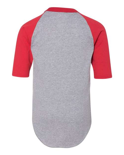 Athletic Heather/ Red - Augusta Sportswear Youth Baseball Jersey with Custom Logo Augusta Sportswear Youth Three-Quarter Sleeve Baseball Jersey in Athletic Heather/Red, back view