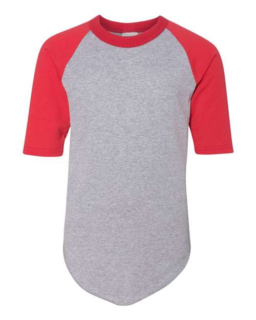 Athletic Heather/ Red - Youth Three-Quarter Sleeve Baseball Jersey Augusta Sportswear Youth Three-Quarter Sleeve Baseball Jersey in Athletic Heather/Red, front view