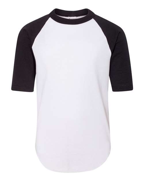 White/ Black - Youth Three-Quarter Sleeve Baseball Jersey Augusta Sportswear Youth Three-Quarter Sleeve Baseball Jersey in White/Black, front view