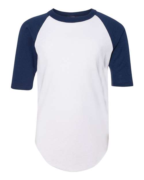 White/ Navy - Youth Three-Quarter Sleeve Baseball Jersey Augusta Sportswear Youth Three-Quarter Sleeve Baseball Jersey in White/Navy, front view