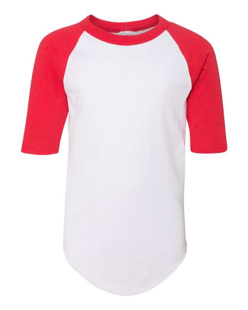 White/ Red - Youth Three-Quarter Sleeve Baseball Jersey Augusta Sportswear Youth Three-Quarter Sleeve Baseball Jersey in White/Red, front view