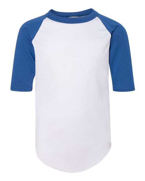 White/ Royal - Youth Three-Quarter Sleeve Baseball Jersey Augusta Sportswear Youth Three-Quarter Sleeve Baseball Jersey in White/Royal, front view