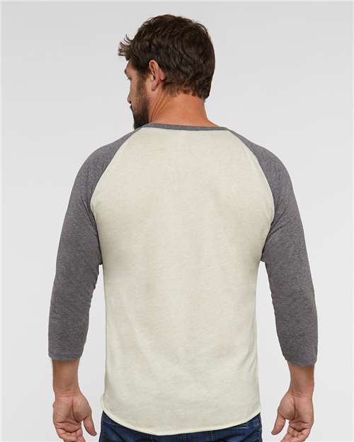 Natural Heather/ Granite Heather - LAT 6930 Baseball Three-Quarter Sleeve Tee with Your Logo LAT Unisex Baseball Fine Jersey Three-Quarter Sleeve Tee in Natural Heather/Granite Heather, back view on model