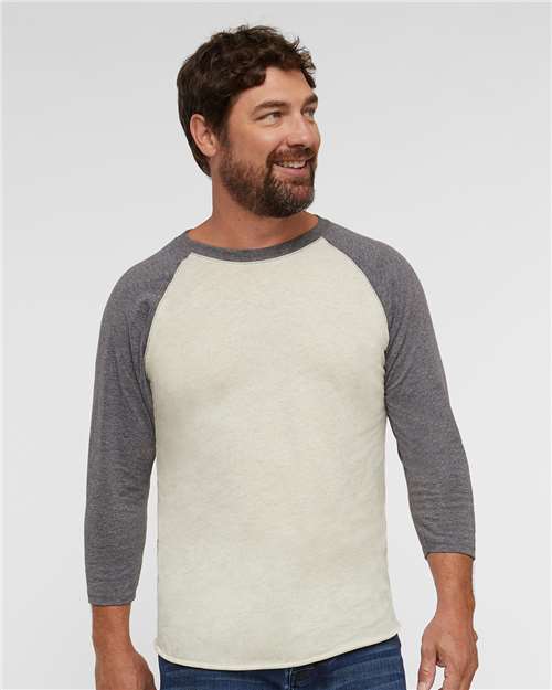 Natural Heather/ Granite Heather - LAT 6930 Baseball Three-Quarter Sleeve Tee with Your Logo LAT Unisex Baseball Fine Jersey Three-Quarter Sleeve Tee in Natural Heather/Granite Heather, front view on model