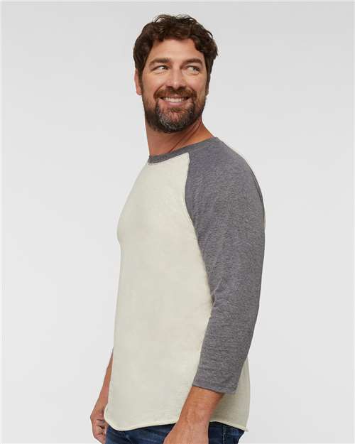 Natural Heather/ Granite Heather - LAT 6930 Baseball Three-Quarter Sleeve Tee with Your Logo LAT Unisex Baseball Fine Jersey Three-Quarter Sleeve Tee in Natural Heather/Granite Heather, side view on model