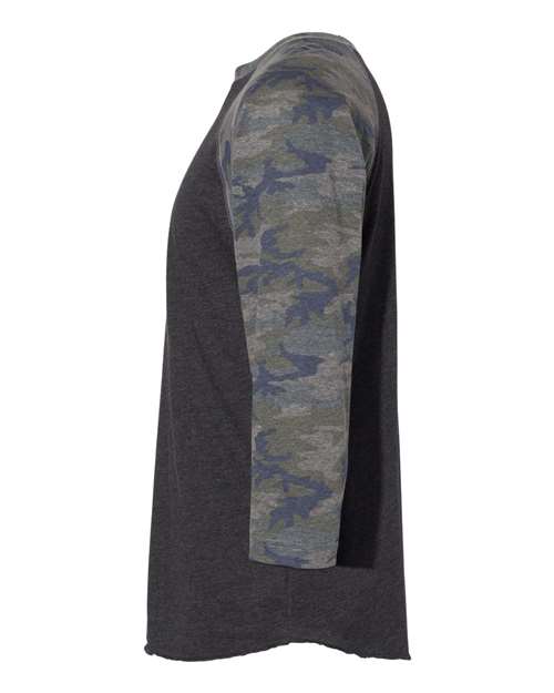 Vintage Smoke/ Vintage Camo - LAT 6930 Baseball Three-Quarter Sleeve Tee with Your Logo LAT Unisex Baseball Fine Jersey Three-Quarter Sleeve Tee in Vintage Smoke/Vintage Camo, side view