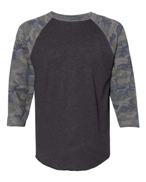 Vintage Smoke/ Vintage Camo - Unisex Baseball Fine Jersey Three-Quarter Sleeve Tee LAT Unisex Baseball Fine Jersey Three-Quarter Sleeve Tee in Vintage Smoke/Vintage Camo, front view