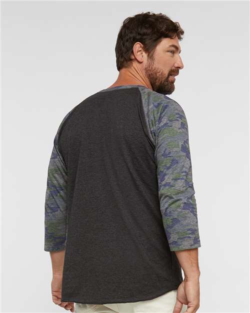 Vintage Smoke/ Vintage Camo - LAT 6930 Baseball Three-Quarter Sleeve Tee with Your Logo LAT Unisex Baseball Fine Jersey Three-Quarter Sleeve Tee in Vintage Smoke/Vintage Camo, back view on model