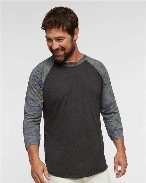 Vintage Smoke/ Vintage Camo - LAT 6930 Baseball Three-Quarter Sleeve Tee with Your Logo LAT Unisex Baseball Fine Jersey Three-Quarter Sleeve Tee in Vintage Smoke/Vintage Camo, front view on model