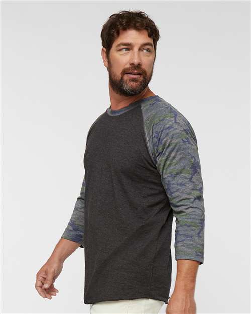 Vintage Smoke/ Vintage Camo - LAT 6930 Baseball Three-Quarter Sleeve Tee with Your Logo LAT Unisex Baseball Fine Jersey Three-Quarter Sleeve Tee in Vintage Smoke/Vintage Camo, side view on model