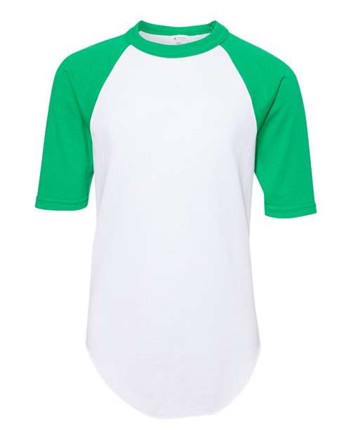 White/ Kelly - Youth Three-Quarter Sleeve Baseball Jersey Augusta Sportswear Youth Three-Quarter Sleeve Baseball Jersey in White/Kelly, front view