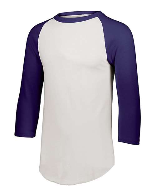 White/ Purple - Youth Three-Quarter Sleeve Baseball Jersey Augusta Sportswear Youth Three-Quarter Sleeve Baseball Jersey in White/Purple, front view
