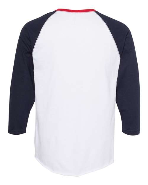 White/ Navy/ Red - LAT 6930 Baseball Three-Quarter Sleeve Tee with Your Logo LAT Unisex Baseball Fine Jersey Three-Quarter Sleeve Tee in White/Navy/Red, back view