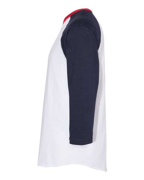 White/ Navy/ Red - LAT 6930 Baseball Three-Quarter Sleeve Tee with Your Logo LAT Unisex Baseball Fine Jersey Three-Quarter Sleeve Tee in White/Navy/Red, side view