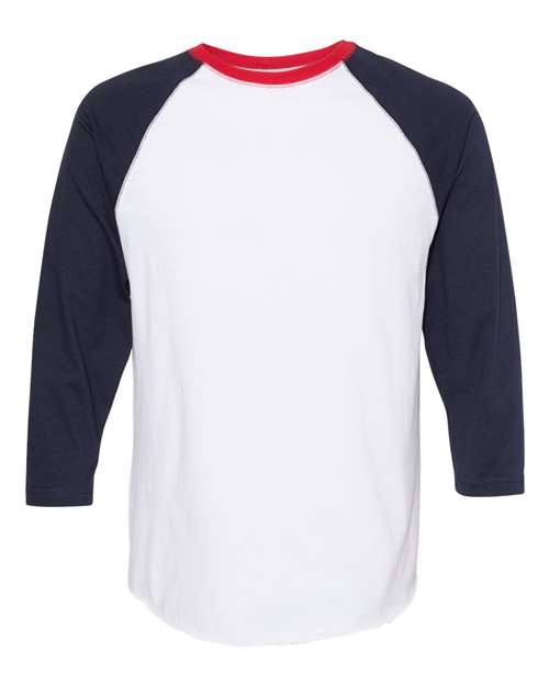 White/ Navy/ Red - Unisex Baseball Fine Jersey Three-Quarter Sleeve Tee LAT Unisex Baseball Fine Jersey Three-Quarter Sleeve Tee in White/Navy/Red, front view