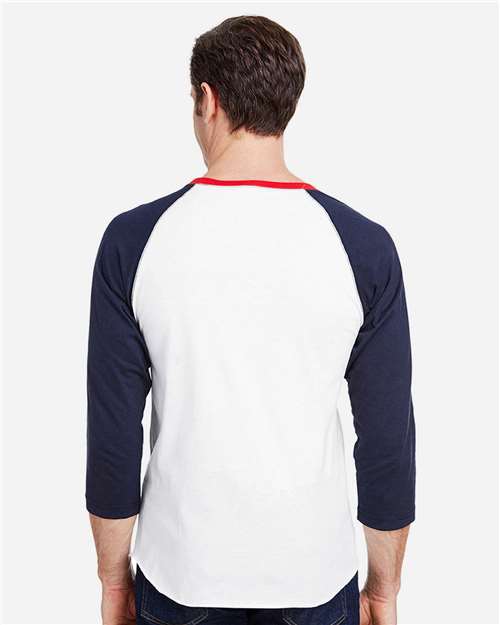 White/ Navy/ Red - LAT 6930 Baseball Three-Quarter Sleeve Tee with Your Logo LAT Unisex Baseball Fine Jersey Three-Quarter Sleeve Tee in White/Navy/Red, back view on model